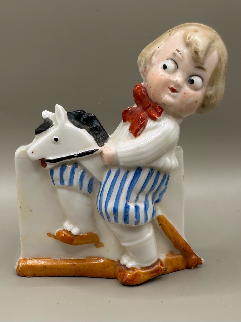 Vintage Porcelain Match/Toothpick Holder Kids Horse Toy Figurine
